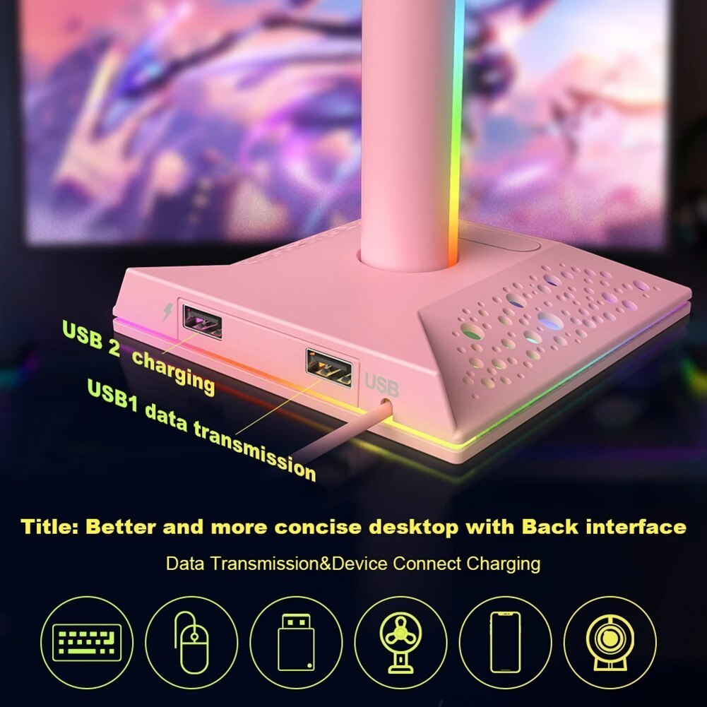 RGB Gaming Headphone Stand with USB Ports